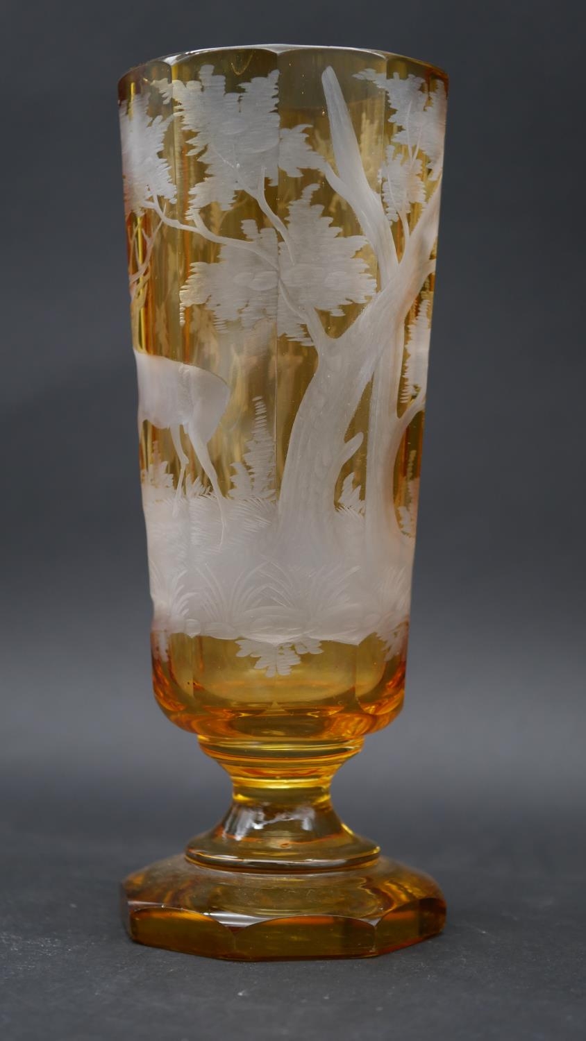 A Bohemian Moser style amber engraved glass vase with stags, pheasant and trees. H.21.5cm - Image 2 of 5