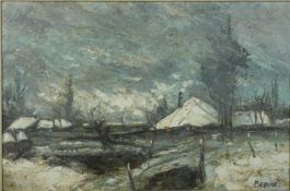 A framed oil on canvas, farmhouse in winter, signed Belnori. 93x108cm.