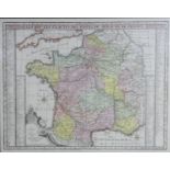 A framed and glazed antique hand coloured map 'Les routes exactes des postes du royaume de France by