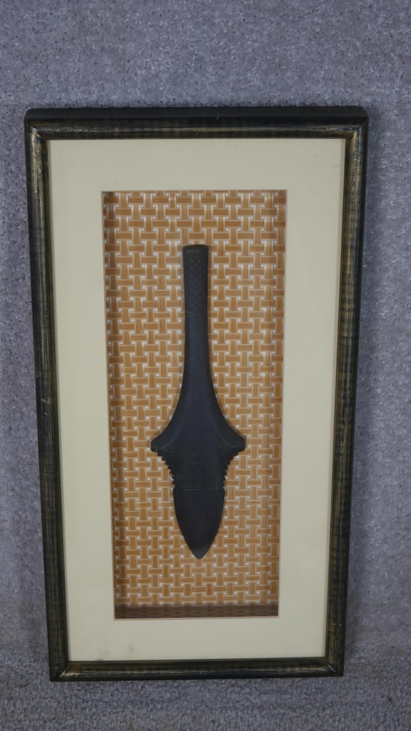 A framed and glazed Asian painted wooden dagger mounted on woven bamboo matting. H.53 W.28cm - Image 2 of 6