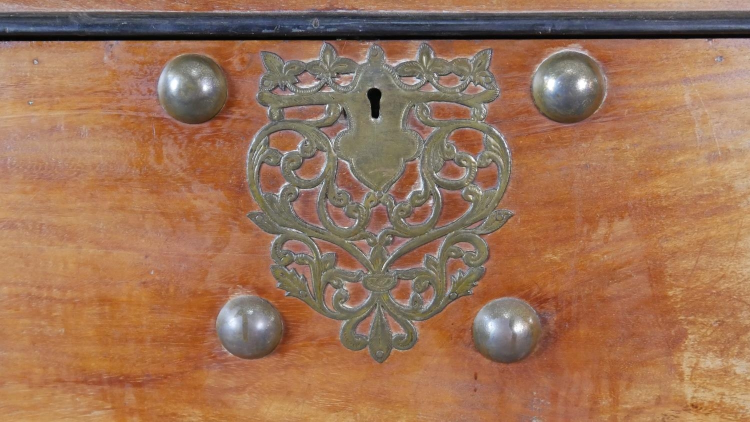 A Nineteenth Century Ceylonese hardwood and ebonised coffer on carved stand fitted with two base - Image 5 of 6