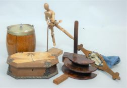 A metal bound parquetry inlaid box, a vintage articulated artist's mannequin, an oak coopered