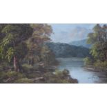 A framed oil on canvas depicting a river landscape with mountains in the background. Signed T.