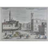 A Framed and glazed antique hand coloured engraving of a Italian town after Giuseppe Zocchi.