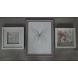 Three framed and glazed butterfly artworks. Two mixed media paper cut signed artworks of butterflies
