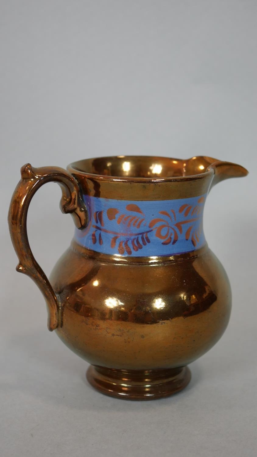 Three antique copper lustre ware pitchers along with a Port Merion Pomona design coffee pot with - Image 12 of 17