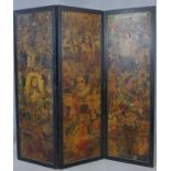 A Victorian scrap screen with three lacquered panels and frame with all over scrap decoration to