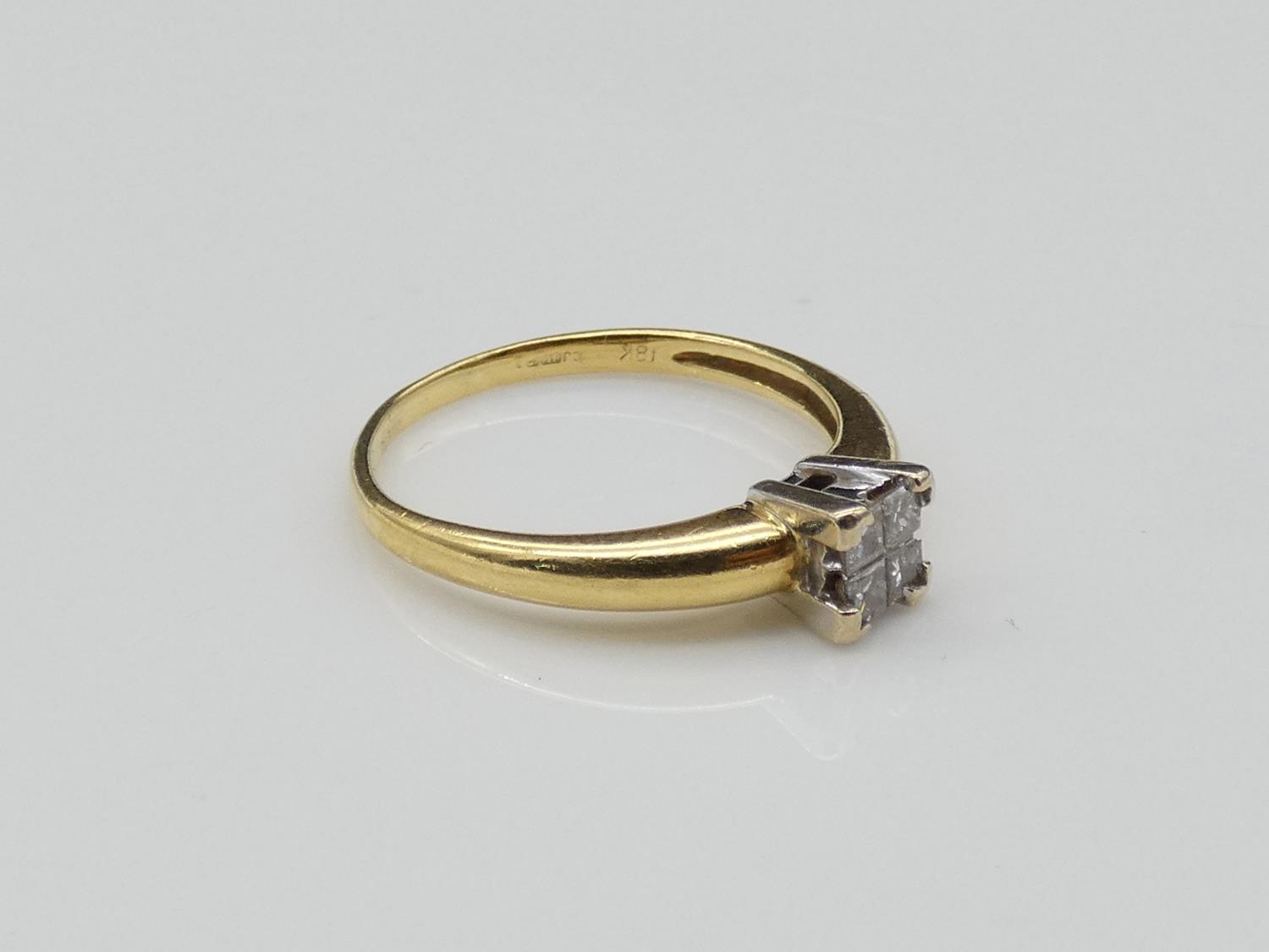 A vintage 18 carat yellow gold, platinum and diamond ring. Set with four square princess cut - Image 2 of 4