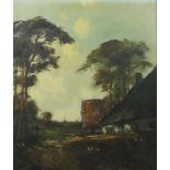 A gilt framed oil on canvas, rural lane with cottages and spire in the distance, indistinctly