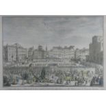 A framed and glazed antique hand coloured engraving by Carlo Gregori showing the Piazza invaded by