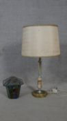 A vintage onyx, chrome and brass table lamp and a leaded coloured glass light shade. H.42cm (Lamp