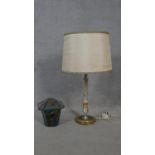 A vintage onyx, chrome and brass table lamp and a leaded coloured glass light shade. H.42cm (Lamp