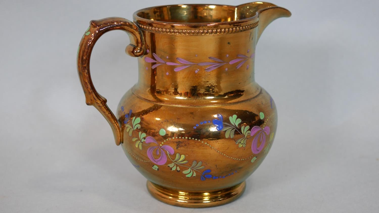 Three antique copper lustre ware pitchers along with a Port Merion Pomona design coffee pot with - Image 5 of 17