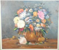 A framed oil on canvas, still life flowers, signed De Roover. 88x78cm approx.