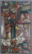 After Miklos Farkashazy (1895-1964), an abstract oil on canvas with figures. Signed. H.85 W.50cm