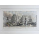 A framed and glazed antique hand coloured engraving of The Bank of England & Royal exchange,