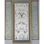 Three Framed and glazed antique Chinese silk embroideries. A pair of forbidden stitch silk