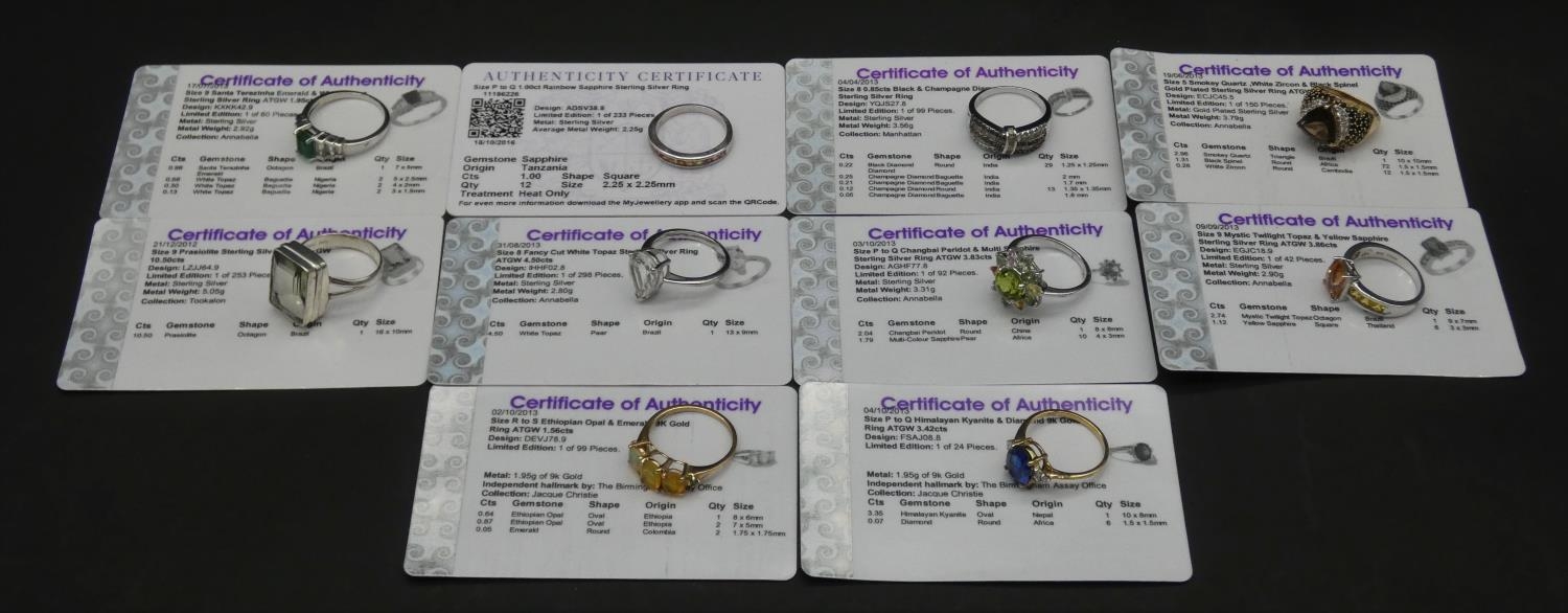 Ten gemstone set rings with certificates. To include a 9ct yellow gold Ethiopian opal and emerald