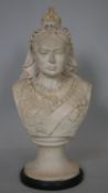 An antique reconstituted marble bust of Queen Victoria on a round ebonised base. H.37cm
