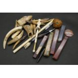 Collection of items. Including a Bakelite carved parasol handle in the form of a parrot head with