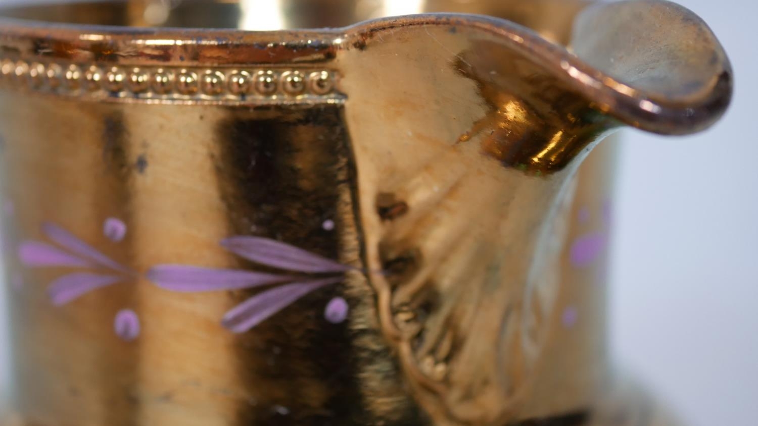 Three antique copper lustre ware pitchers along with a Port Merion Pomona design coffee pot with - Image 7 of 17