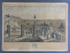 A framed and glazed antique hand coloured engraving of the Entrance of The Chain Pier at Brighton,