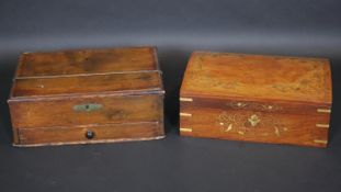 A 19th century fitted box with base drawer along with an Eastern brass inlaid sewing box. H.12.5 L.