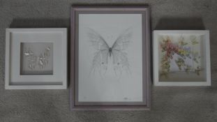Three framed and glazed butterfly artworks. Two mixed media paper cut signed artworks of butterflies