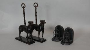 A pair of cast iron doorstops in the form of hunting dogs and a pair of metal birdcage bookends. H.