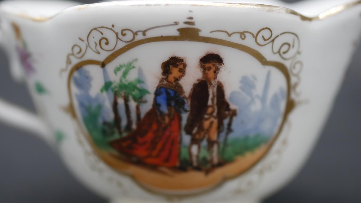 Various items of Dresden and Continental hand painted porcelain to include two cups with saucers, - Image 7 of 21