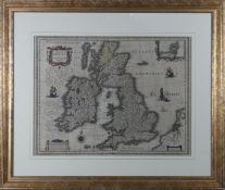 A framed and glazed antique map of 'Magnae Britanniae et Hiberniae tabula' by Willem Blaeu. H.62 W.