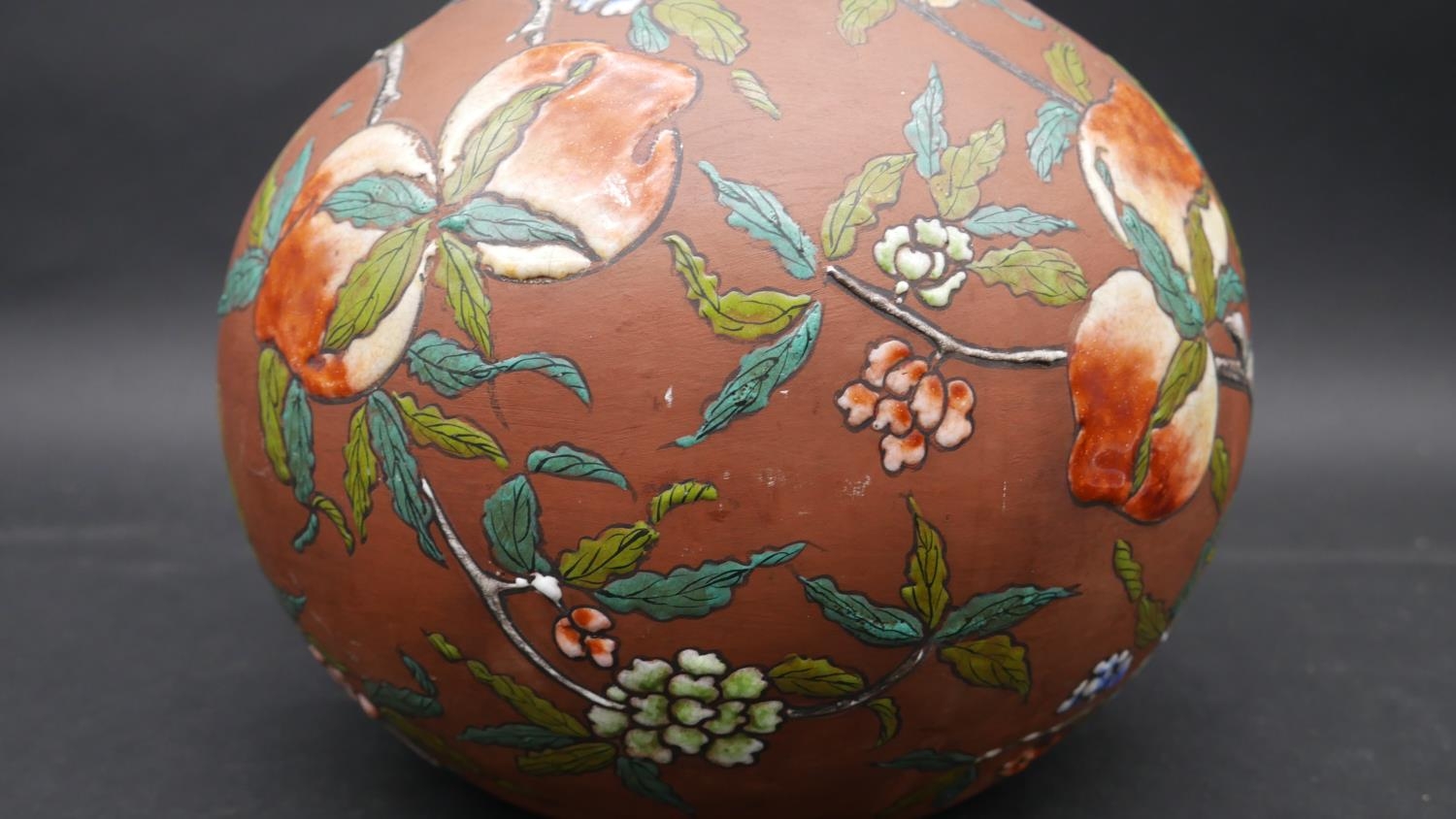 Two Chinese Yixing stoneware pieces, 20th Century, each enamelled with different designs. The urn - Image 3 of 10