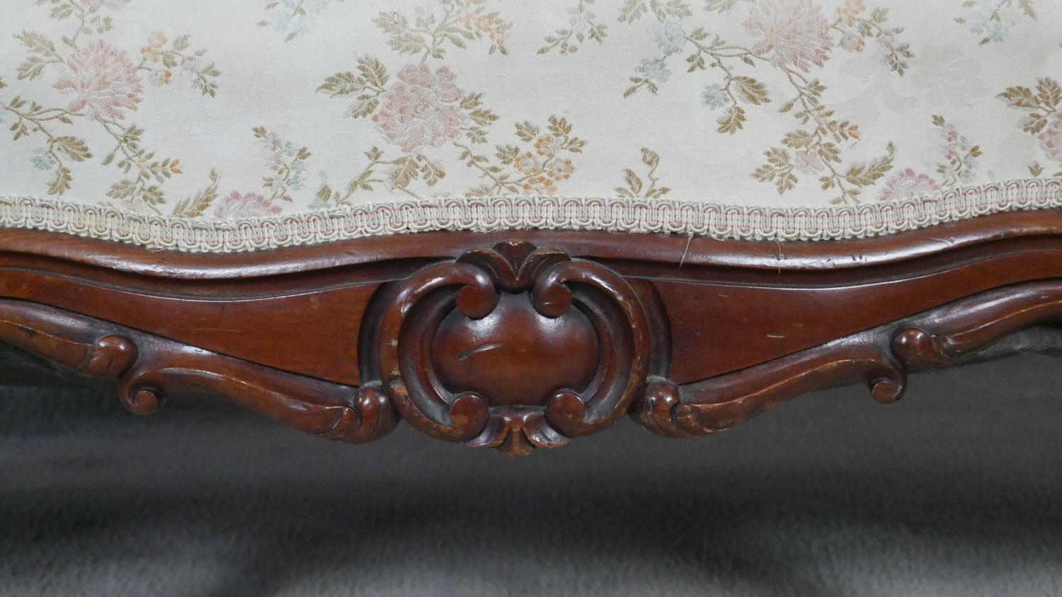 A 19th century carved mahogany canape in floral upholstery with four cabriole front supports. H.99 - Image 2 of 8