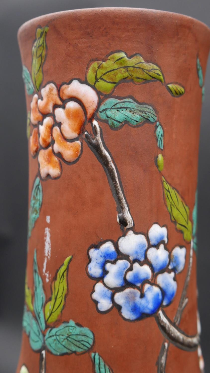 Two Chinese Yixing stoneware pieces, 20th Century, each enamelled with different designs. The urn - Image 4 of 10