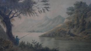 A 19th century framed and glazed watercolour, angler by a river, unsigned. H.44 W.54.4cm