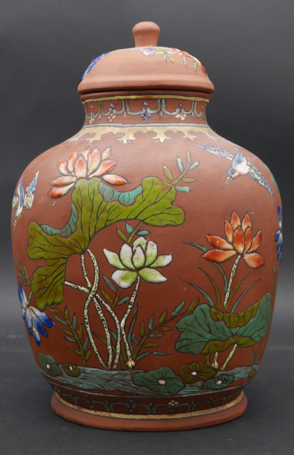 Two Chinese Yixing stoneware pieces, 20th Century, each enamelled with different designs. The urn - Image 6 of 10