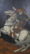 An antique French wooden inlaid panel of Napoleon on horseback after Jacques-Louis David. Inlaid