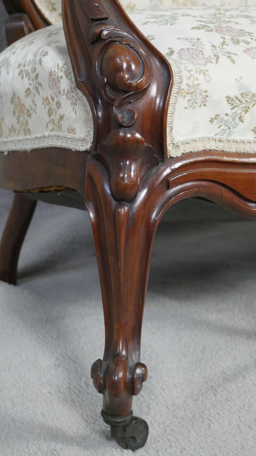 A 19th century carved mahogany canape in floral upholstery with four cabriole front supports. H.99 - Image 3 of 8