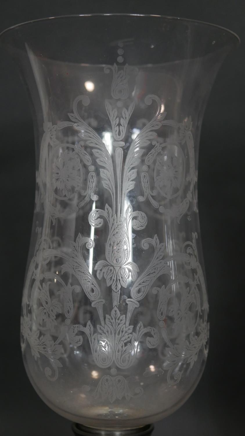 A pair of C.1900 etched glass storm lanterns on silver plated stands marked Sheffield to the base. - Image 3 of 5