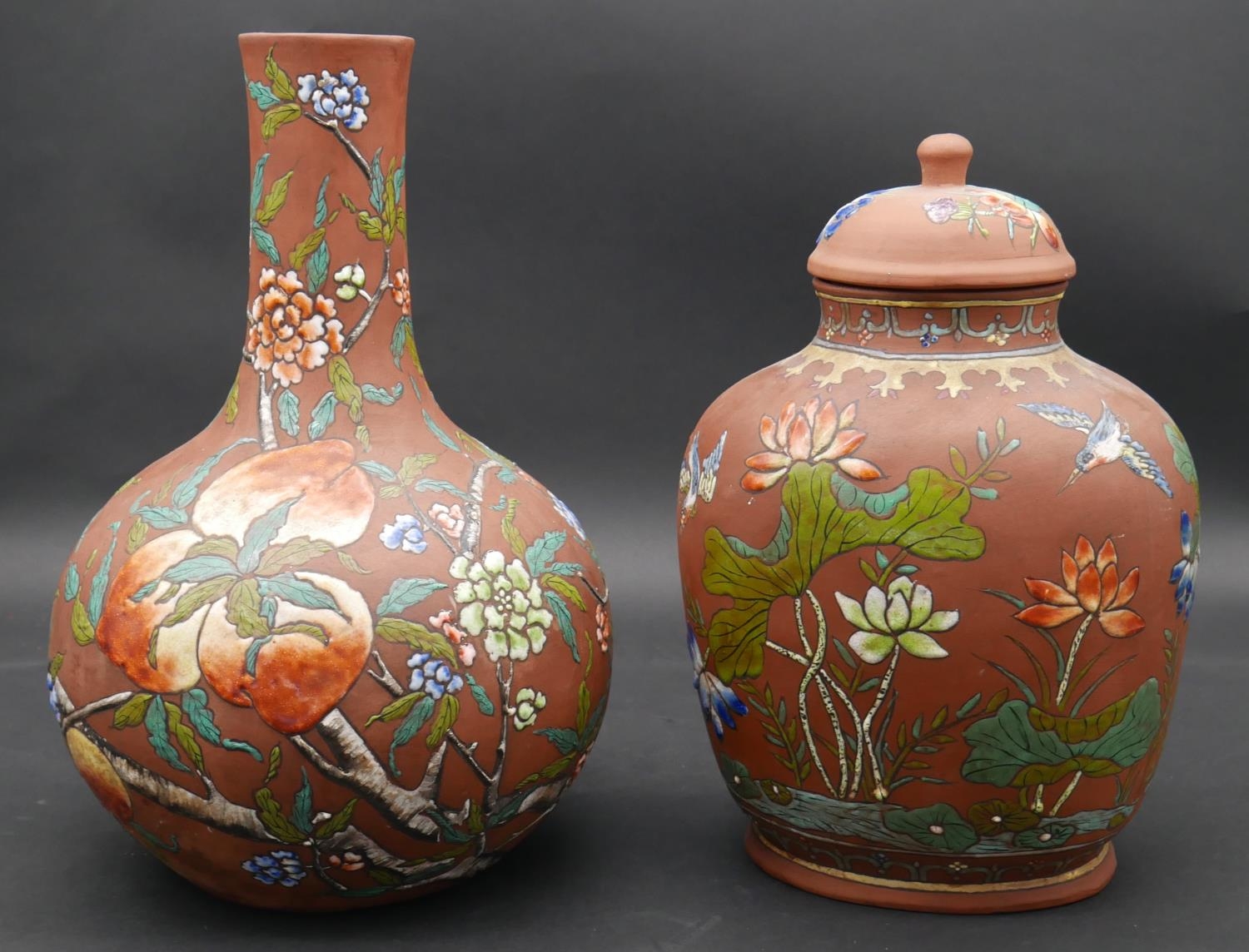 Two Chinese Yixing stoneware pieces, 20th Century, each enamelled with different designs. The urn