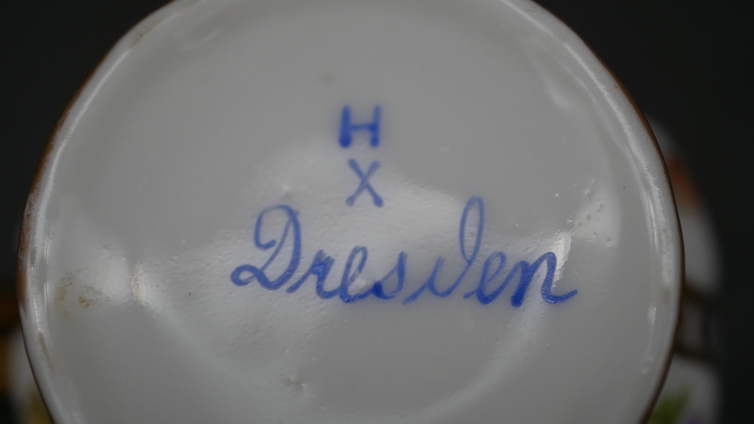 Various items of Dresden and Continental hand painted porcelain to include two cups with saucers, - Image 17 of 21