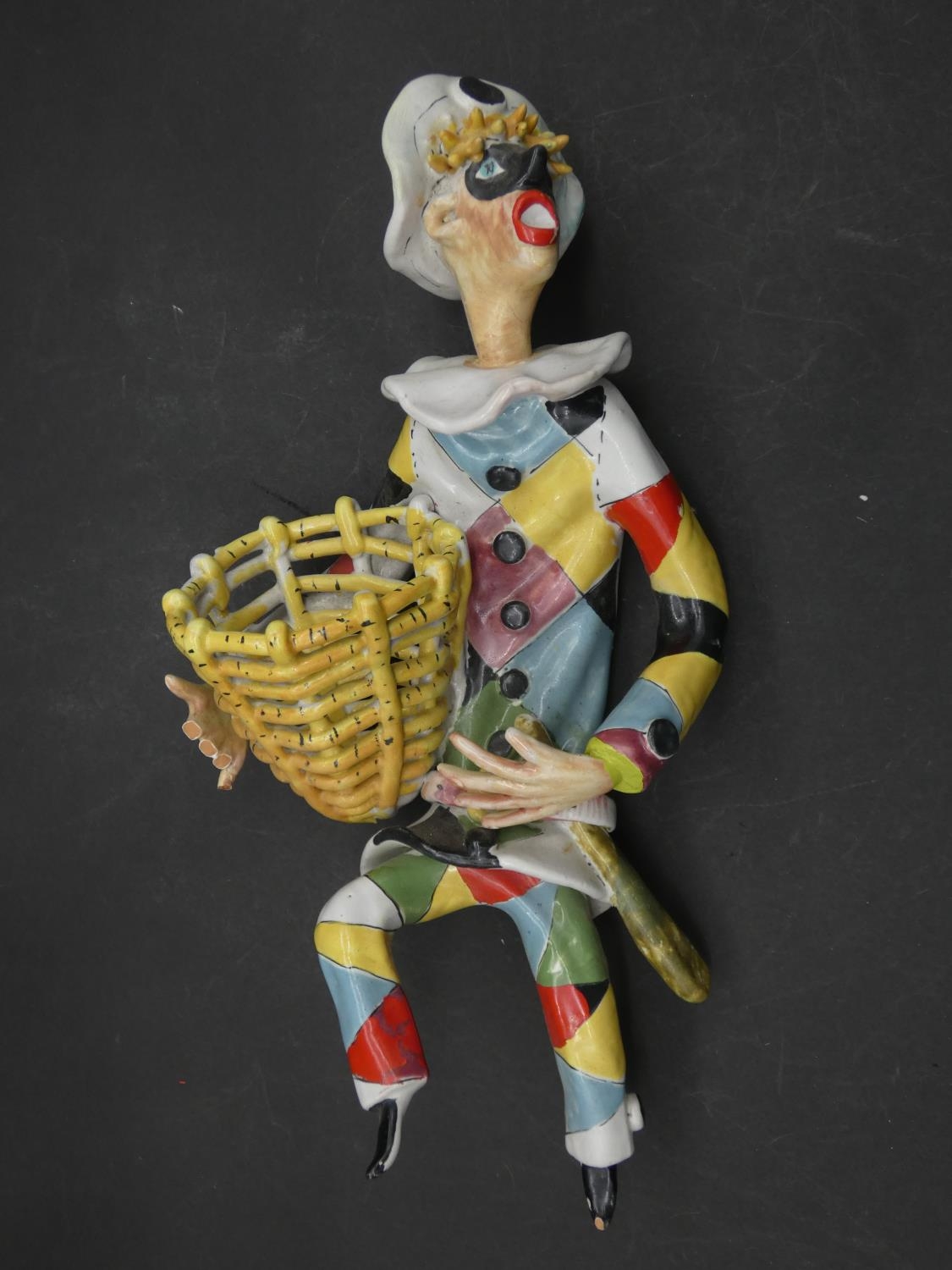 Two vintage ceramic hand painted harlequin figures, male and female with baskets. H.36cm - Image 8 of 11