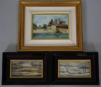 A pair of framed oil paintings on metal, landscapes, monogrammed and inscribed to the reverse and