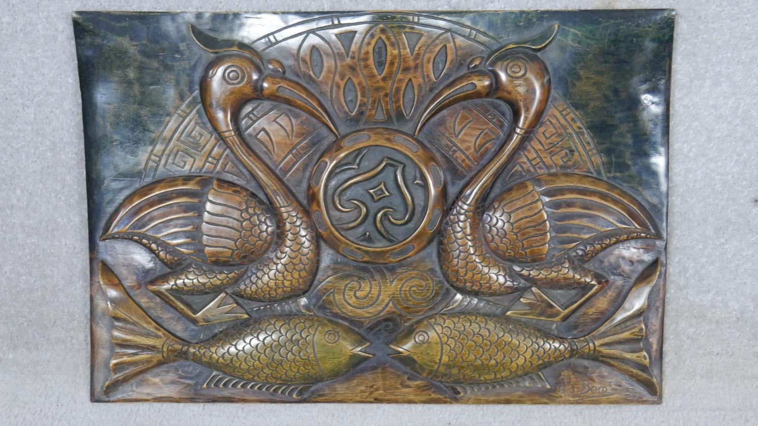 A set of three Eastern carved hardwood panels decorated with birds and fish. H.41 W.60cm - Image 2 of 8