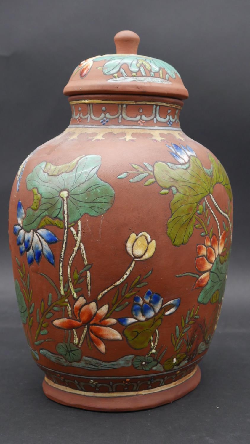 Two Chinese Yixing stoneware pieces, 20th Century, each enamelled with different designs. The urn - Image 8 of 10