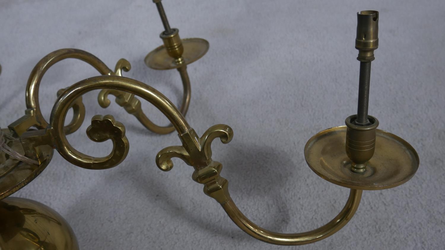 A Dutch style brass six branch chandelier with double headed eagle finials and scrolling arms. D. - Image 5 of 7