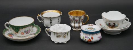 Various items of Dresden and Continental hand painted porcelain to include two cups with saucers,