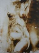 A framed and glazed acrylic on canvas by French artist Danielle Burgart, nude study. Signed by