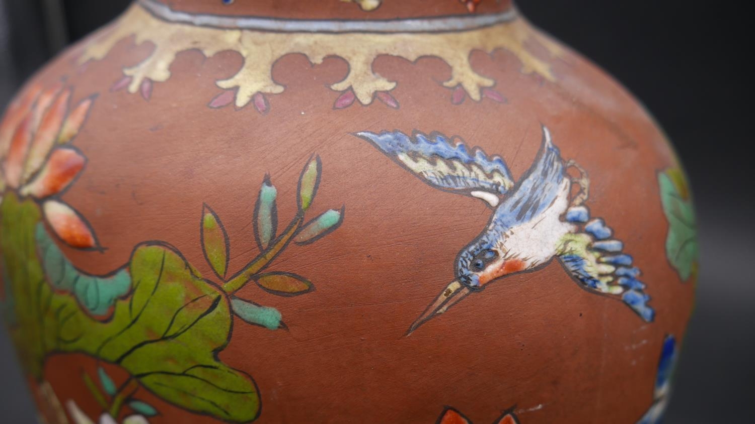 Two Chinese Yixing stoneware pieces, 20th Century, each enamelled with different designs. The urn - Image 7 of 10
