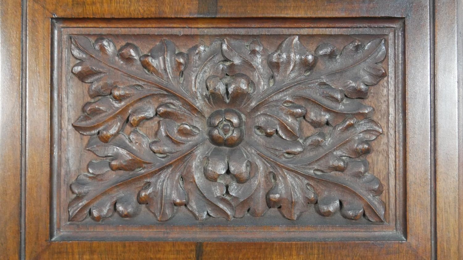 A pair of Victorian carved walnut hall cupboards with panel doors enclosing hanging space. H.183 W. - Image 6 of 10